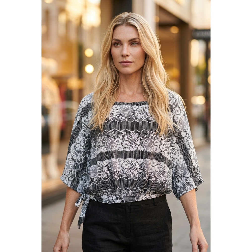 Black White Lace Print Dolman Sleeve Side Tie Top Bohemian Striped Floral Artsy